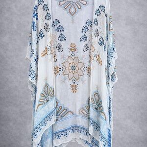 Woven Heart Blue, White and Gold Boho Printed Kimono